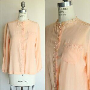 Vintage 1970s 1980s Blouse, Miss Capri Peach Shirt with Lace Trim, Grandma Core